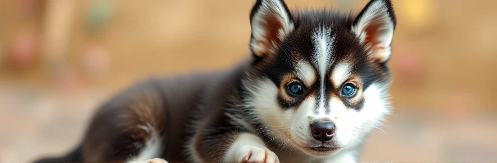Cute Adorable Siberian Husky Puppy with Blue Eyes Laying Down Against Warm Background